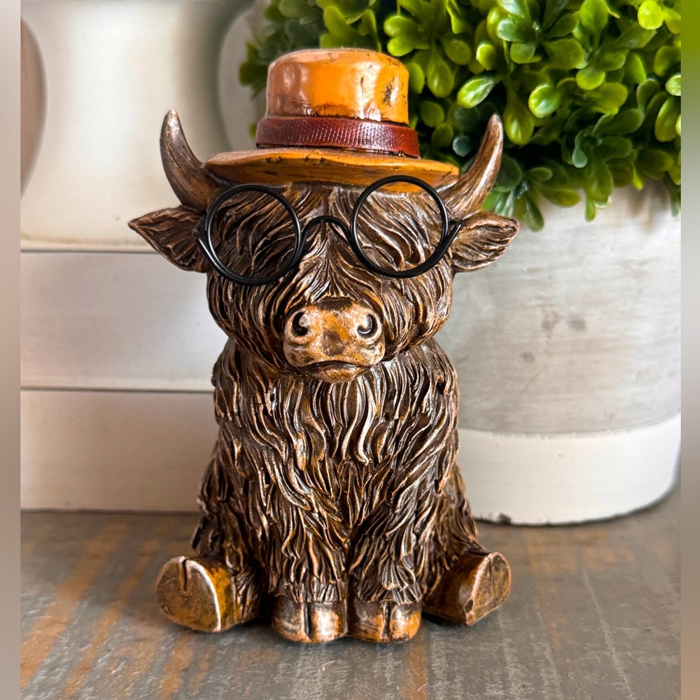 Charming Highland Cow Figurine with Hat and Glasses